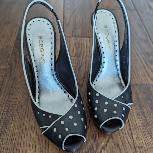BCBGirls black polka dot peep toe slingback heeled sandals - Picture 1 of 5